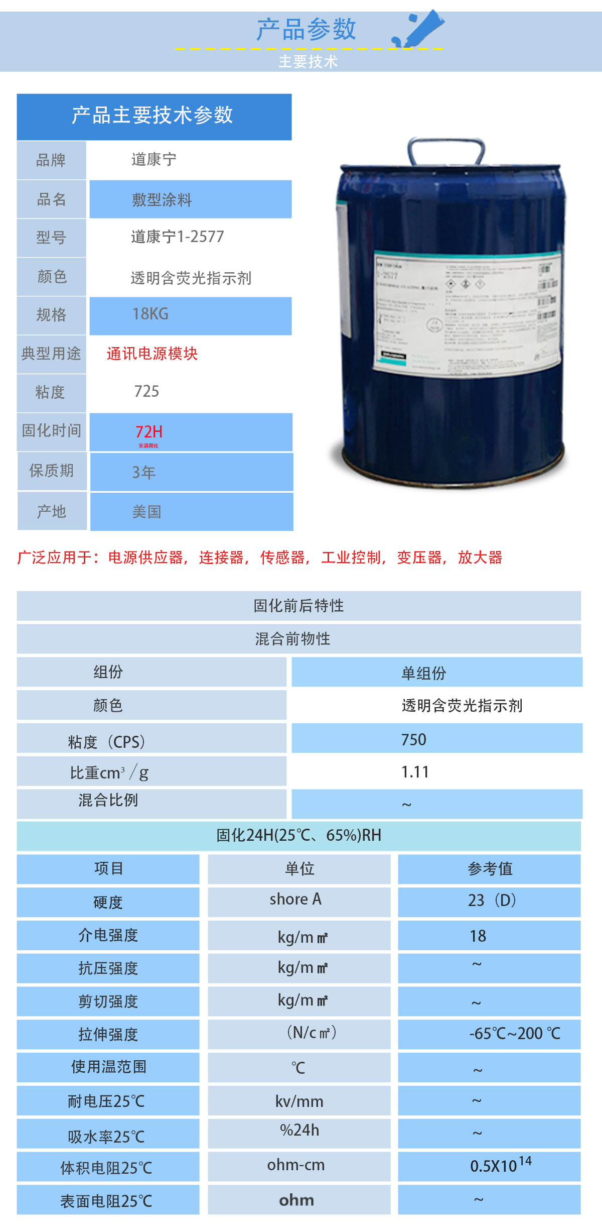 道康寧1-2577三防漆的性能參數(shù)
