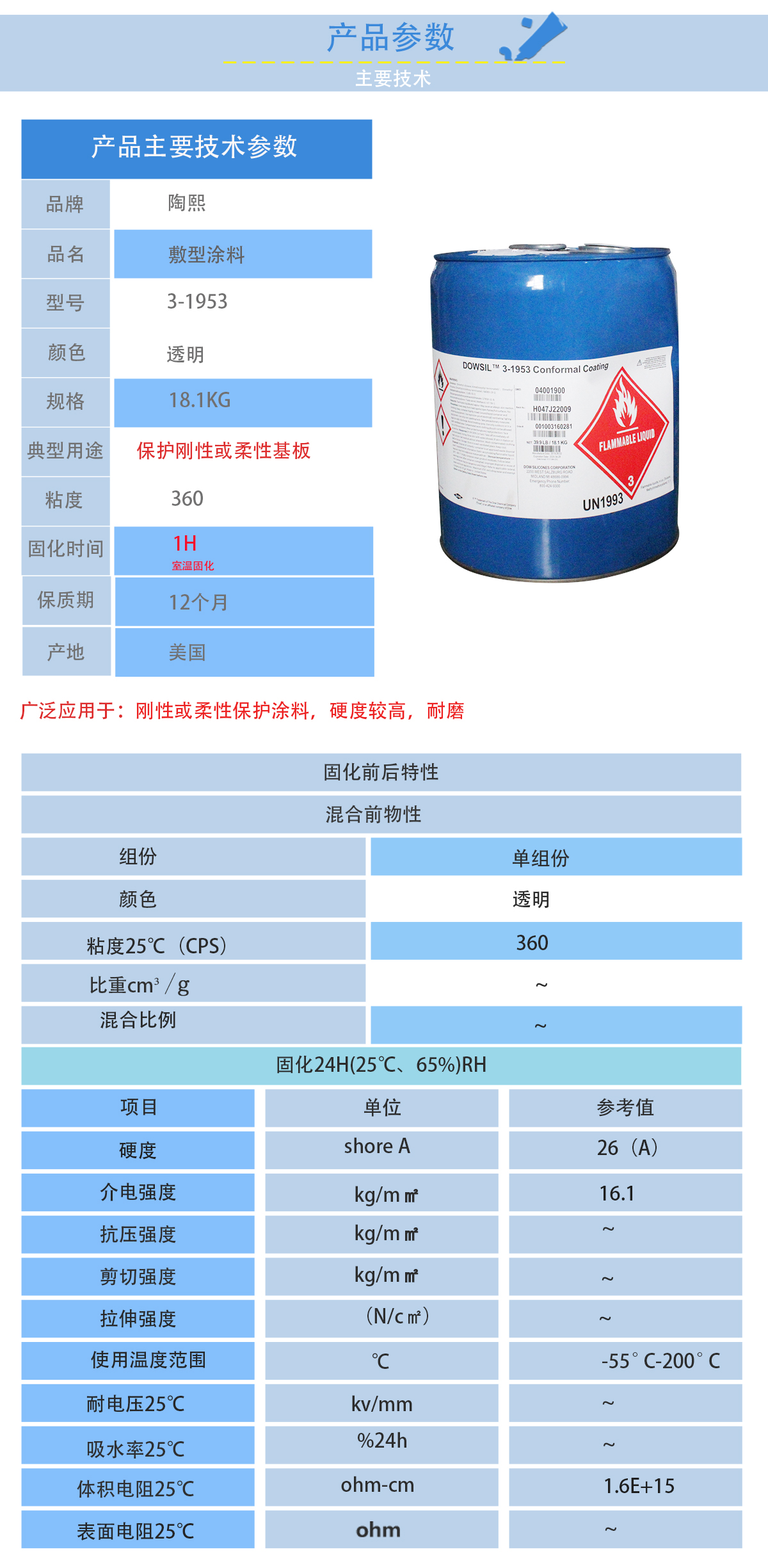 陶熙3-1953三防漆的性能參數(shù)